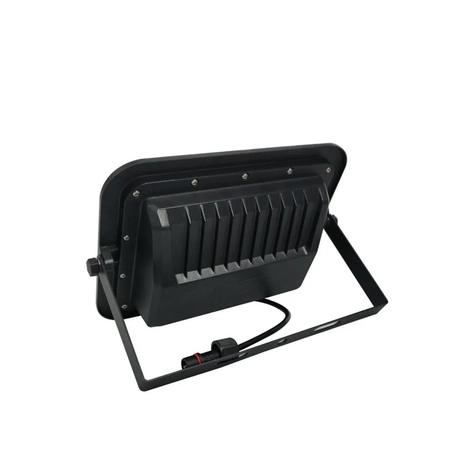Schwarzer ENOVALITE Solarstrahler PRO 50W mit Kühlrippen und Montagebügel, Rückansicht.