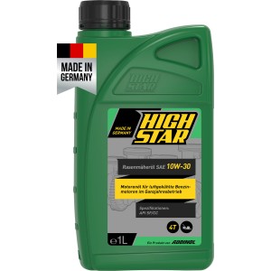 Grüne 1 l Flasche High Star Rasenmäheröl SAE 10W-30 für 4-Takt Motoren.