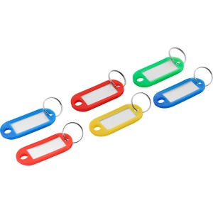 6 farbige Schlüsselanhänger mit Ring und Beschriftungsfeld, ideal zur Schlüsselkennzeichnung.