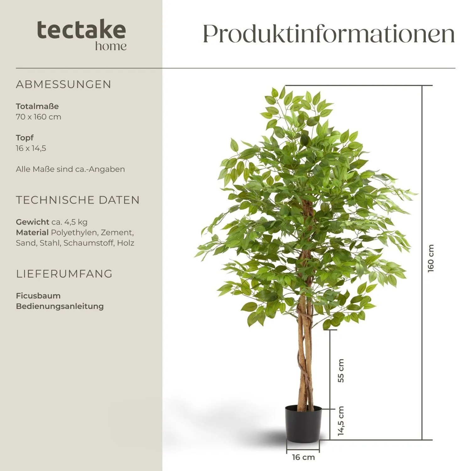 Künstlicher Ficusbaum Fida von Tectake, 160 cm hoch, mit grünem Blätterwerk im schwarzen Topf.