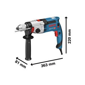 Blaue Bosch Professional Schlagbohrmaschine GSB 24-2 mit Zusatzhandgriff, Tiefenanschlag und Maßen.
