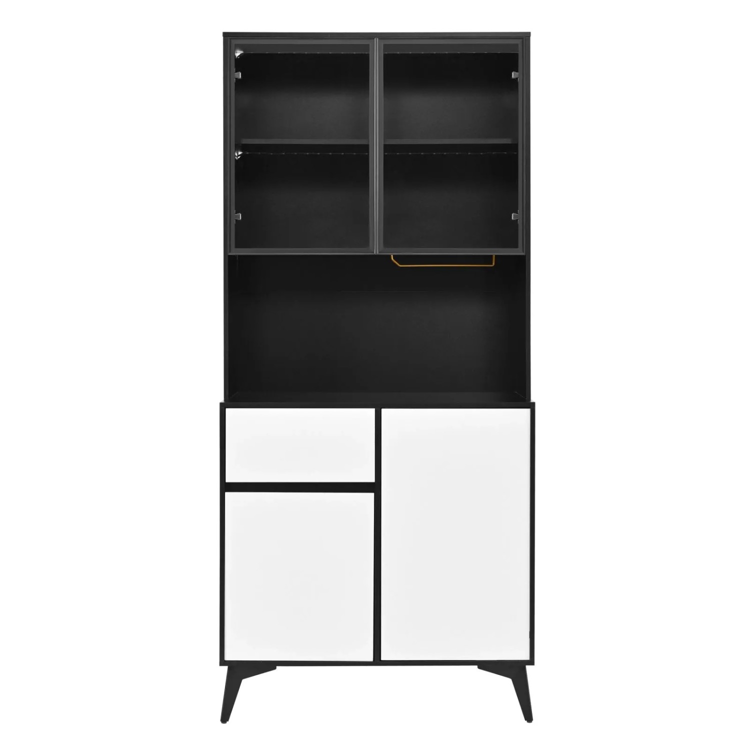 PXloue Hochschrank Sideboard 180 cm Weiß Schwarz mit LED Glasvitrine und Stauraum