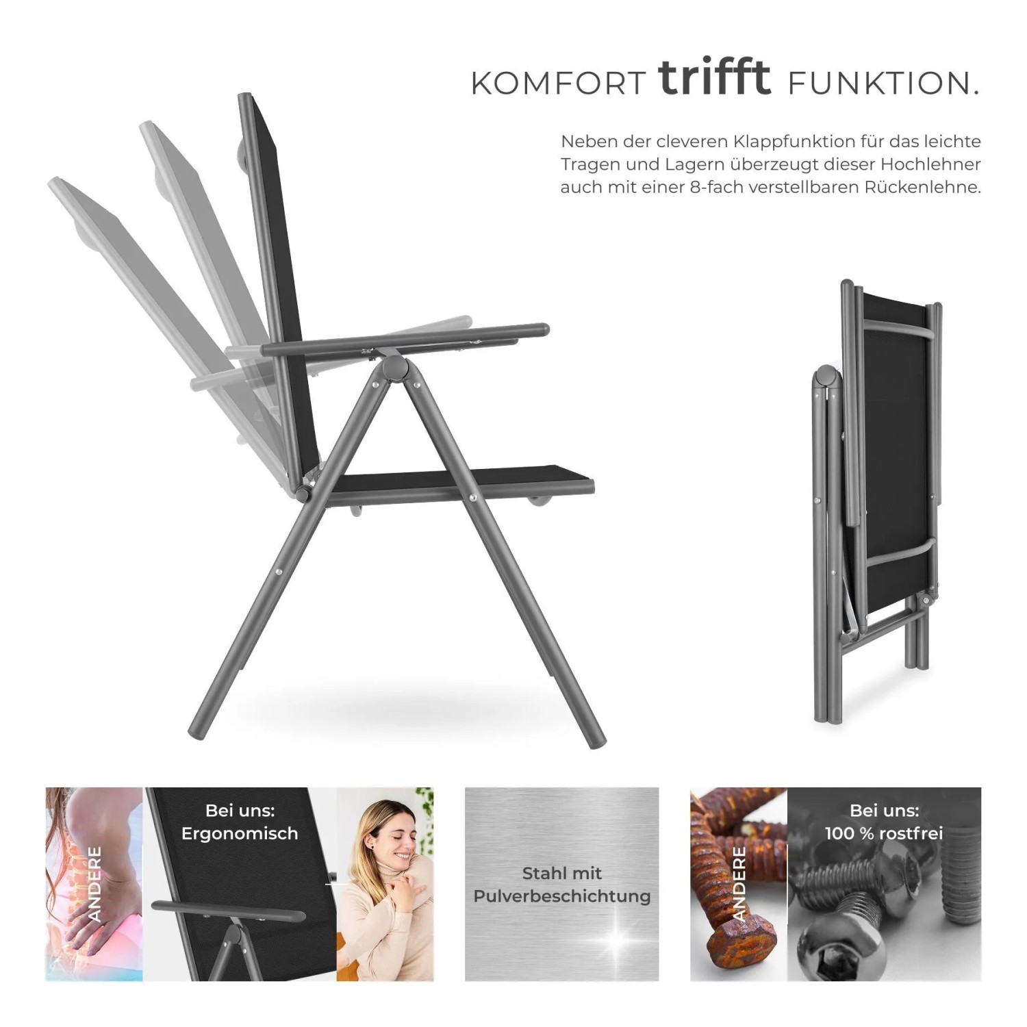 Tectake Gartenstuhl Marcellino Klappbar Wetterfest und Uv Beständig 6Er Set 65 x 54 5 x 107 5 cm Anthrazit_3