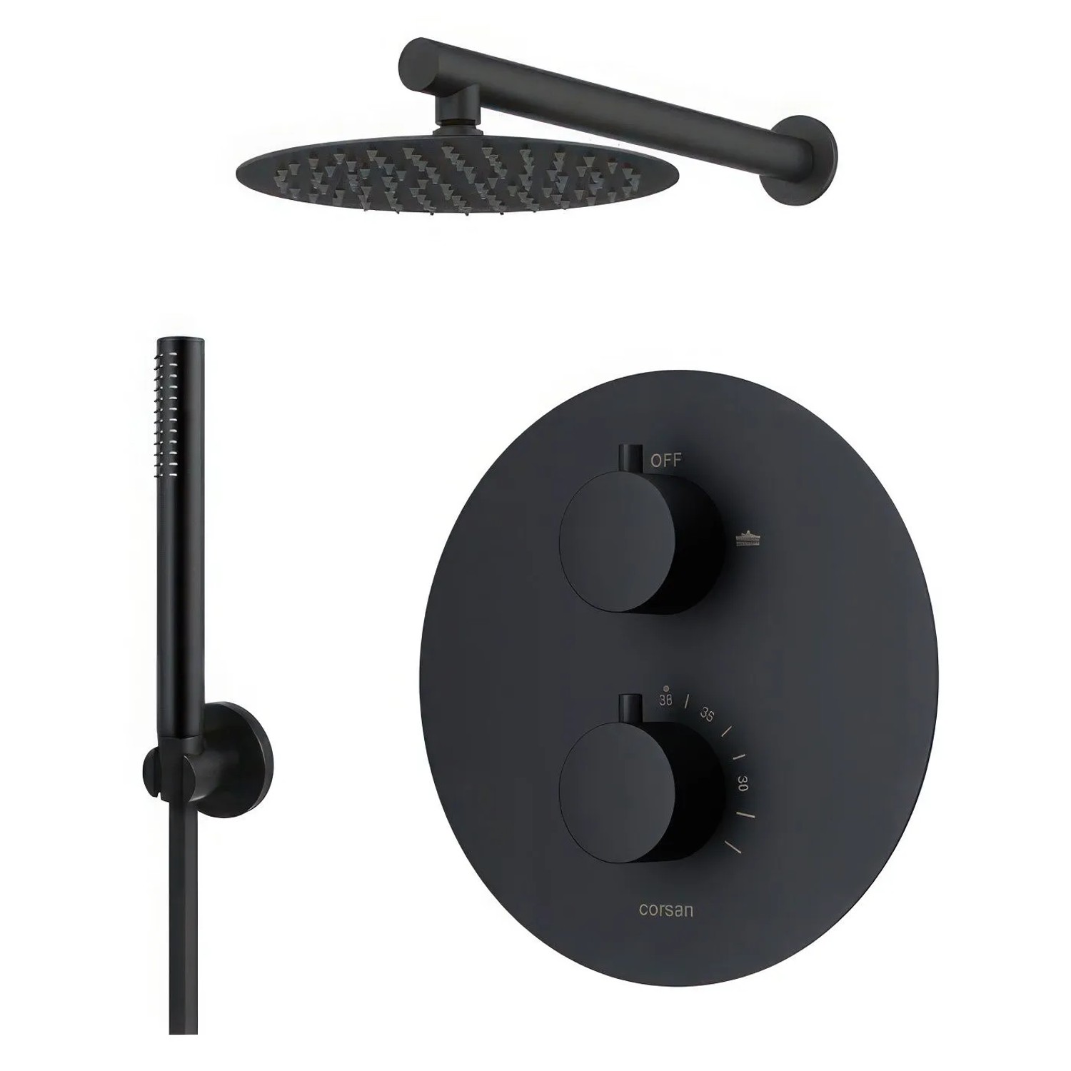 KOLMAN Komplettes Duschsystem Thermostatisch Unterputz Armatur Wasserhahn mit Kopfbrause in Schwarz