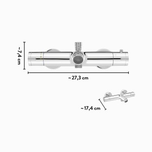 baliv Thermostat-Wannenarmatur WA-2520 Chrom, Aufsicht und Seitenansicht mit Maßangaben.