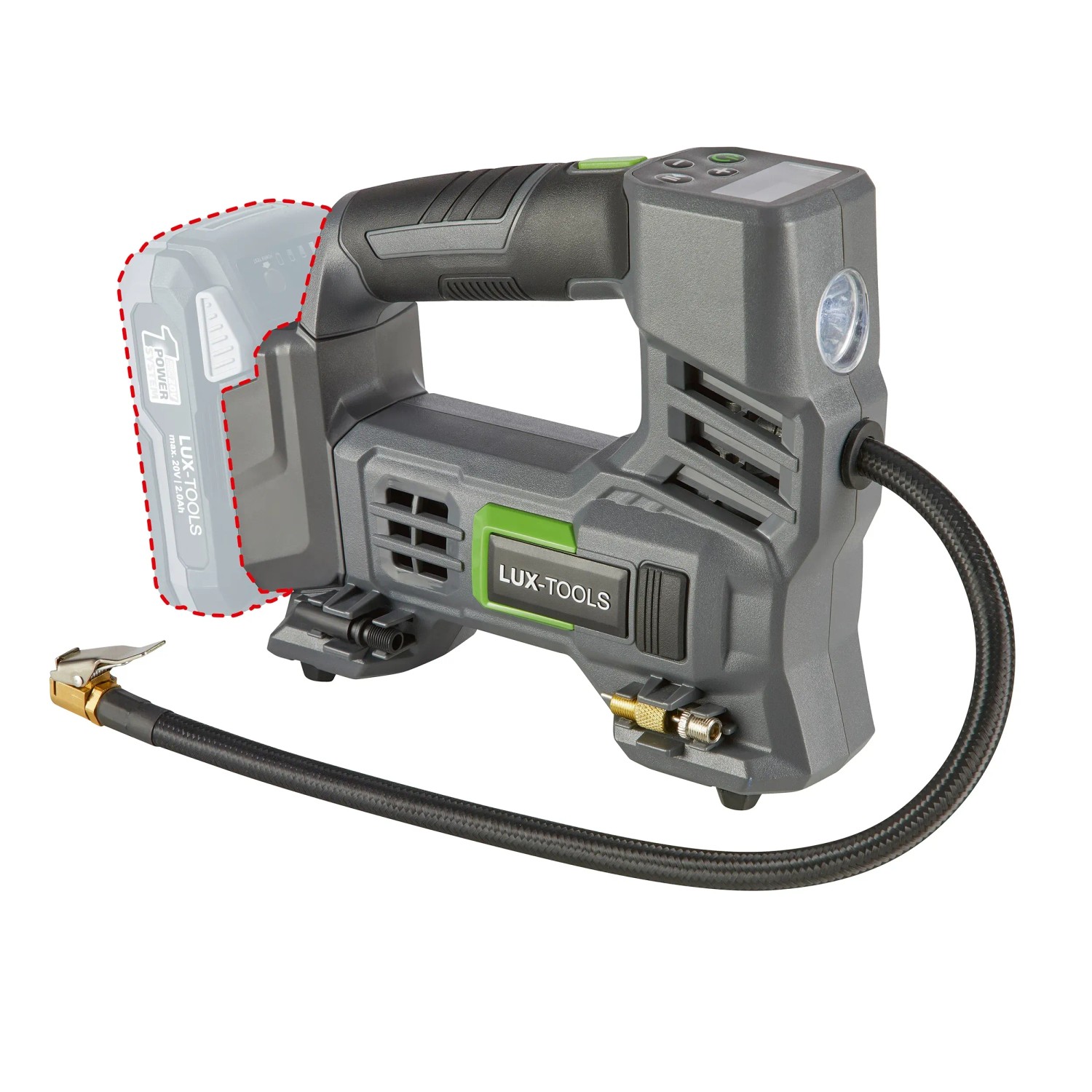 LUX Akku-Kompressor 1PowerSystem A-LP-20 Solo, grau/grün, mit Schlauch und digitaler Anzeige.