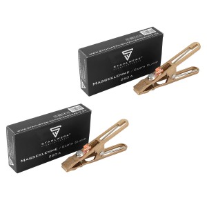 STAHLWERK Masseklemmen-Set, 260A, mit Messing-Erdungsklemmen und Produktverpackung.