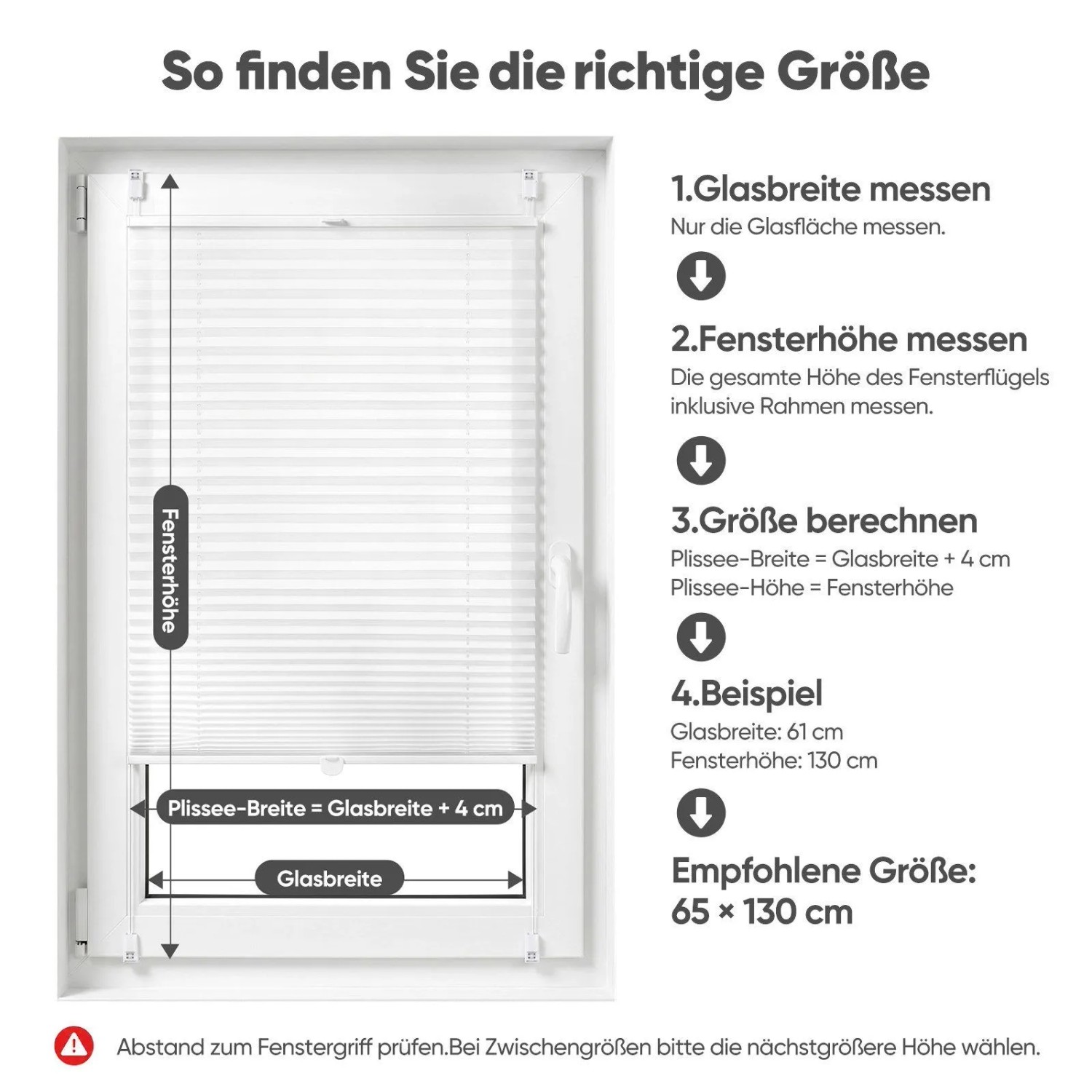 Anleitung zur Größenbestimmung für SALCAR Plissee Klemmfix Faltrollo. Zeigt Messung von Fensterhöhe und Glasbreite für Sonnenschutz.