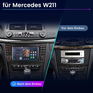 Junsun Autoradio für Mercedes W211: Dashboard mit altem Radio und neuem Touchscreen-Radio mit CarPlay.