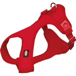 Rotes Trixie Touren-Geschirr Comfort Soft für kleine Hunde, atmungsaktives Mesh, verstellbarer Bauchgurt.