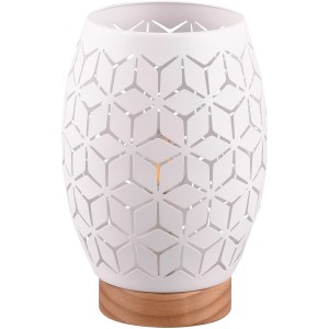 Weiße Reality Tischleuchte Bidar mit Holzfuß und geometrischem Muster.