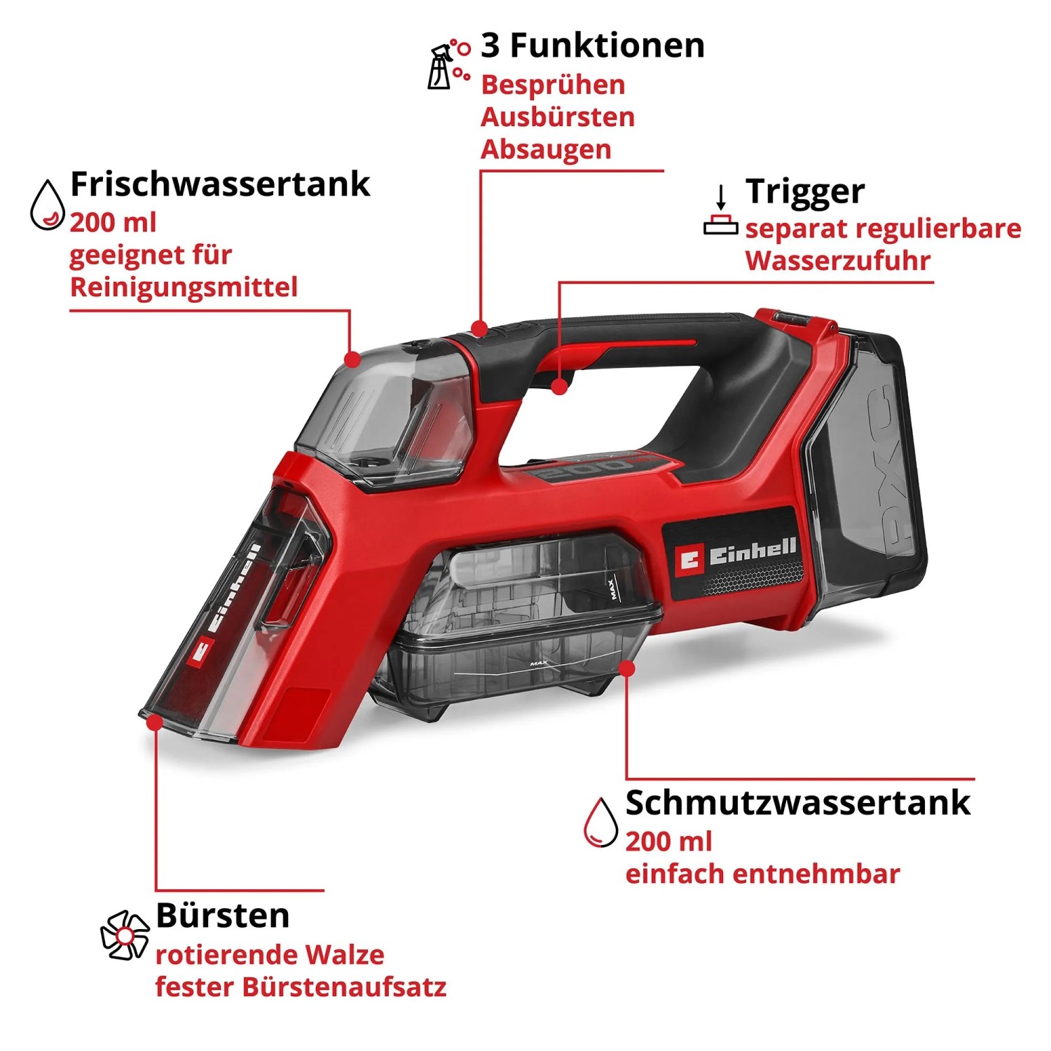 Einhell Akku-Waschsauger TE-SCL 18/200 Li Solo: Roter Waschsauger mit Frisch- und Schmutzwassertank.
