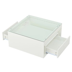 Weißer Hochglanz Couchtisch mit Glasplatte, integrierter LED-Beleuchtung und offener Schublade. Moderner Wohnzimmertisch 70x70cm.