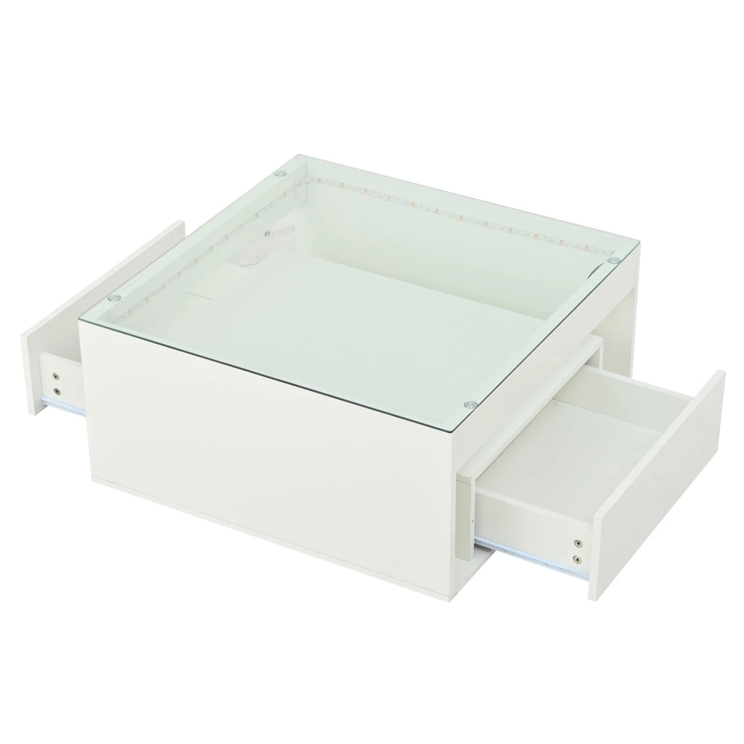 okwish Couchtisch mit LED Schubladen Glas Design 70x70x35cm Hochglanz Weiß