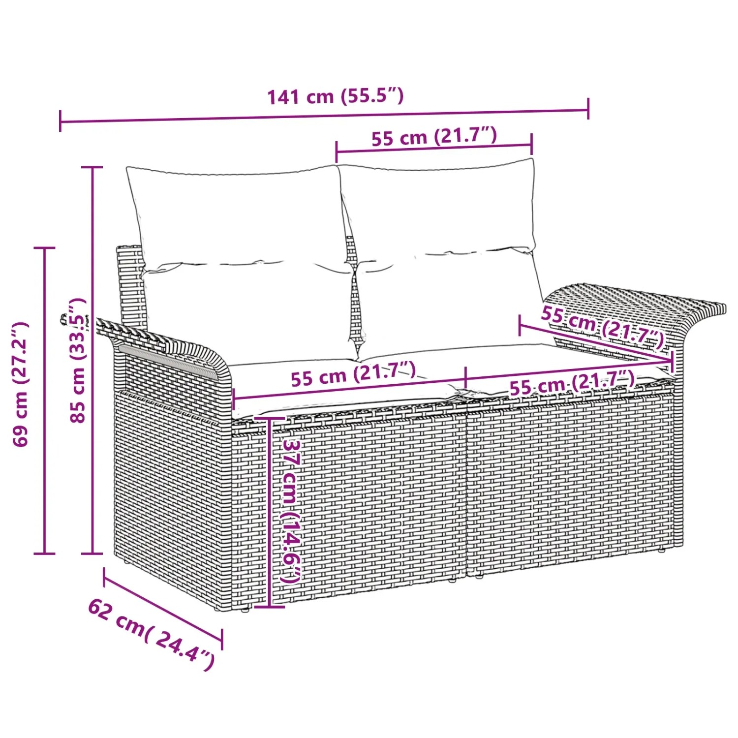 vidaXL Garten-Sofa-Set, 8-teilig, schwarz, Poly Rattan, mit Maßangaben.