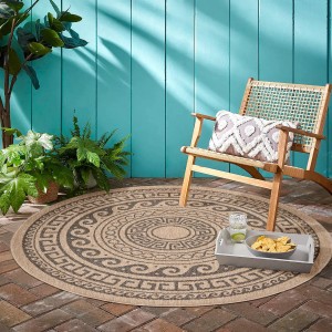Runder, schwarzer Ayyildiz Outdoor-Teppich Comilla mit Muster, 120x120cm. Wetterfest und pflegeleicht.
