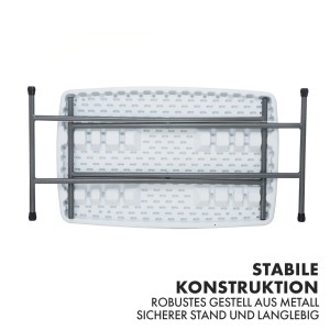 Zusammengeklappter, weißer KARAT Klapptisch Nara mit Metallgestell, gesehen von unten.