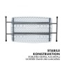 Zusammengeklappter, weißer KARAT Klapptisch Nara mit Metallgestell, gesehen von unten.