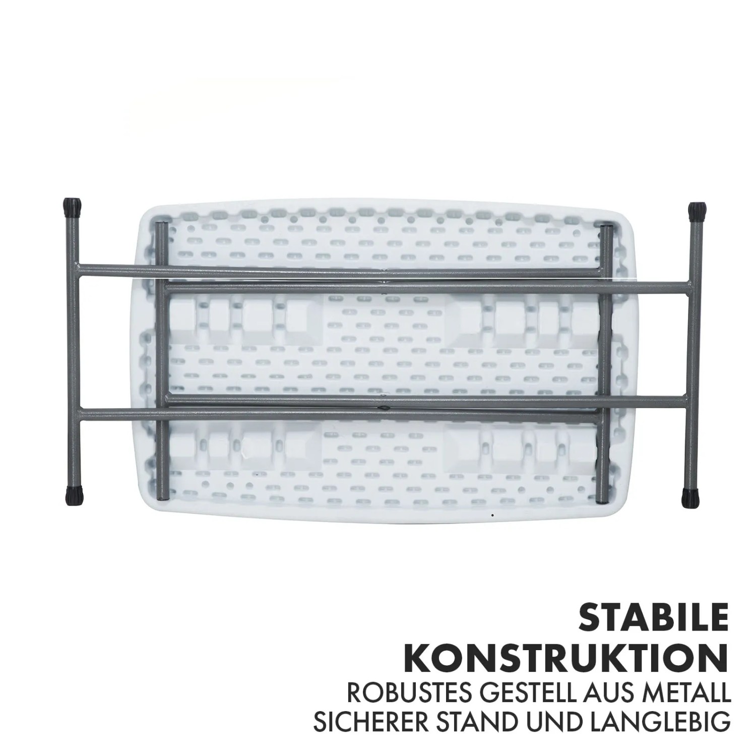 Zusammengeklappter, weißer KARAT Klapptisch Nara mit Metallgestell, gesehen von unten.