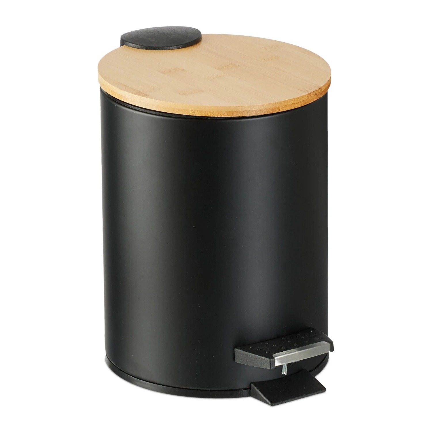Relaxdays Badmülleimer Eisen Bambus Schwarz Rutschfest Soft-Close 22,5 cm x 17 cm x 23 cm 0,6 kg