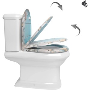WOLTU WC-Sitz Duroplast mit Absenkautomatik in O-Form. Hellblauer Toilettensitz mit Steinmuster schließt leise.