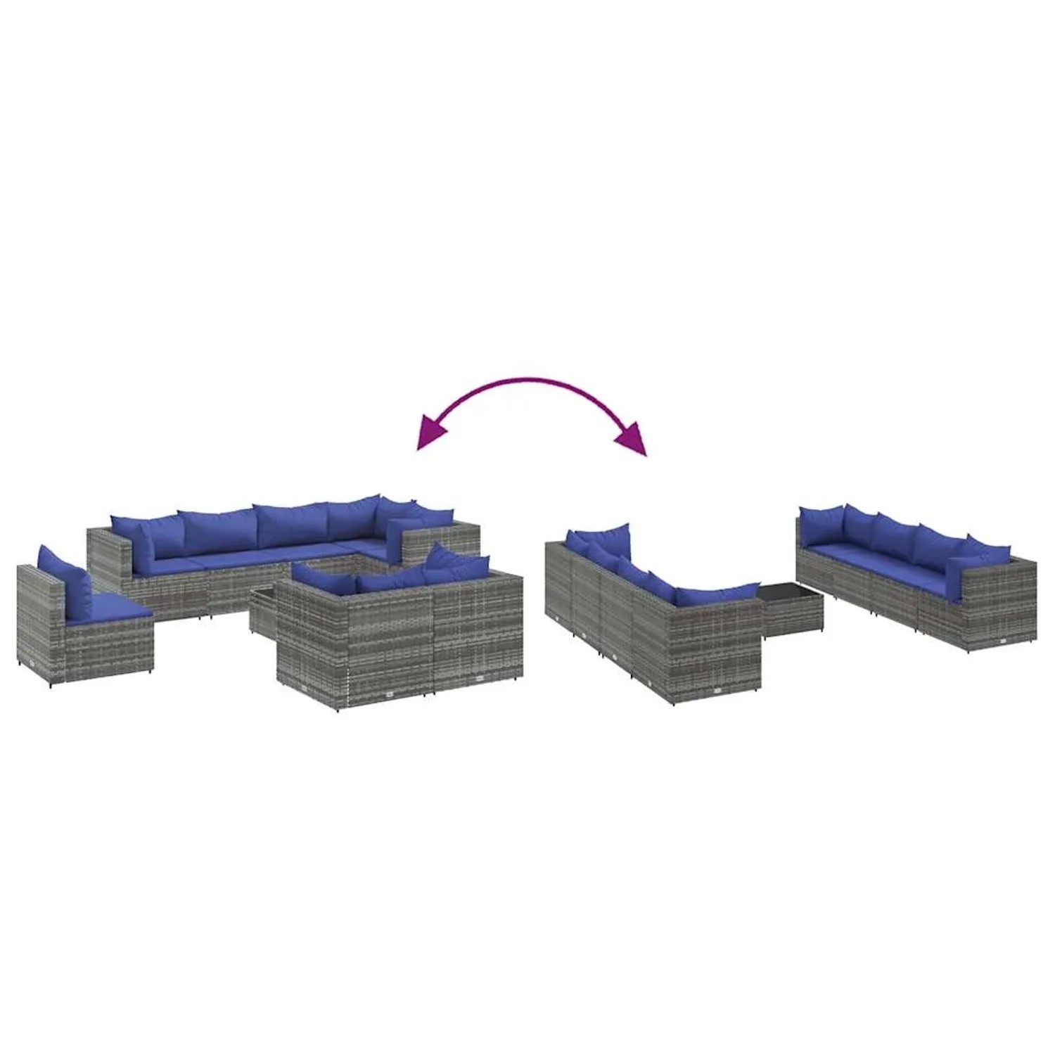 Graues 9-tlg. vidaXL Garten-Lounge-Set aus Polyrattan mit blauen Kissen, flexible Anordnung.