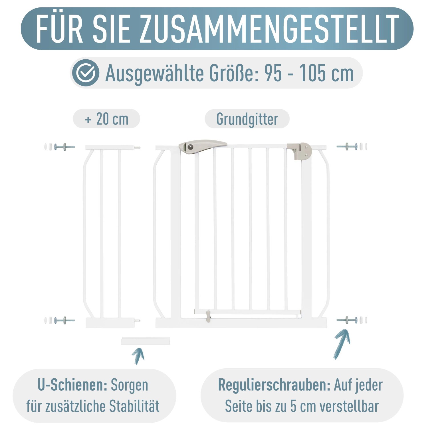 ib style Türschutzgitter Berrin 58-185cm Treppenschutzgitter für Kinder und Haustiere Ohne Bohren Weiß 95-105cm_9