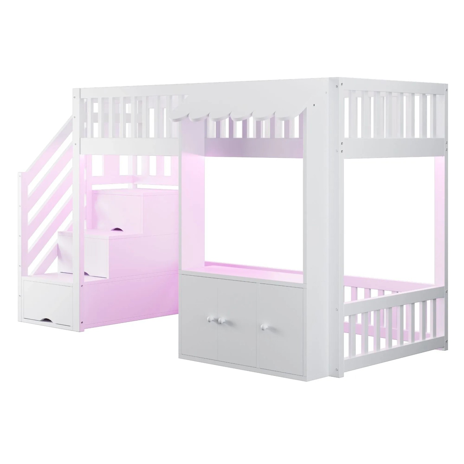 okwish Hochbett 90x200cm mit Stauraumtreppe und LED Leiste Weiß ohne Matratze