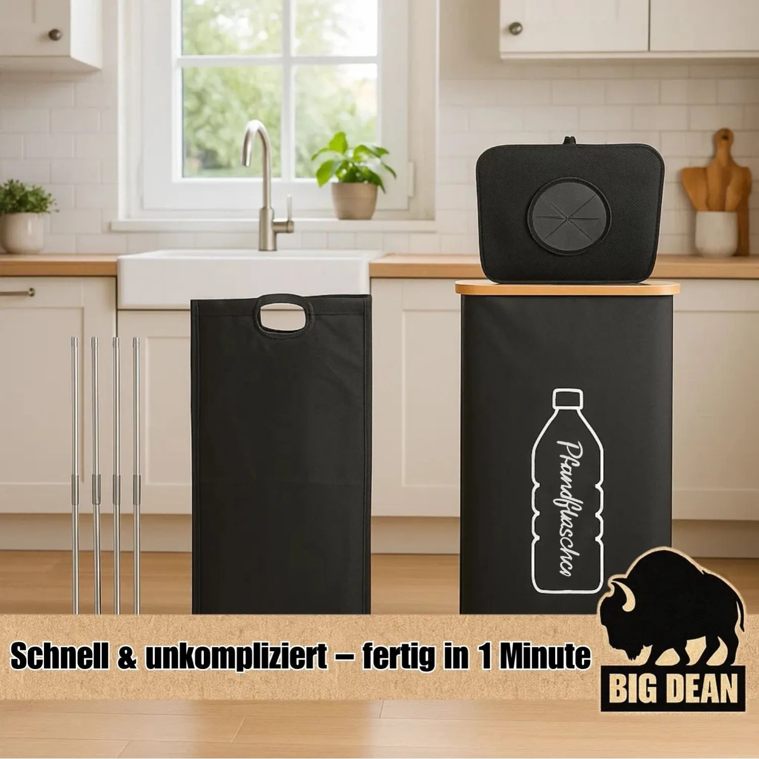 BigDean Pfandflaschen-Sammler 100L mit Deckel und Tragetasche, Leergut-Behälter für Küche und Haushalt.
