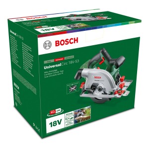 Verpackung der Bosch Akku-Kreissäge UniversalCirc 18V-53 Solo. Handkreissäge ohne Akku.