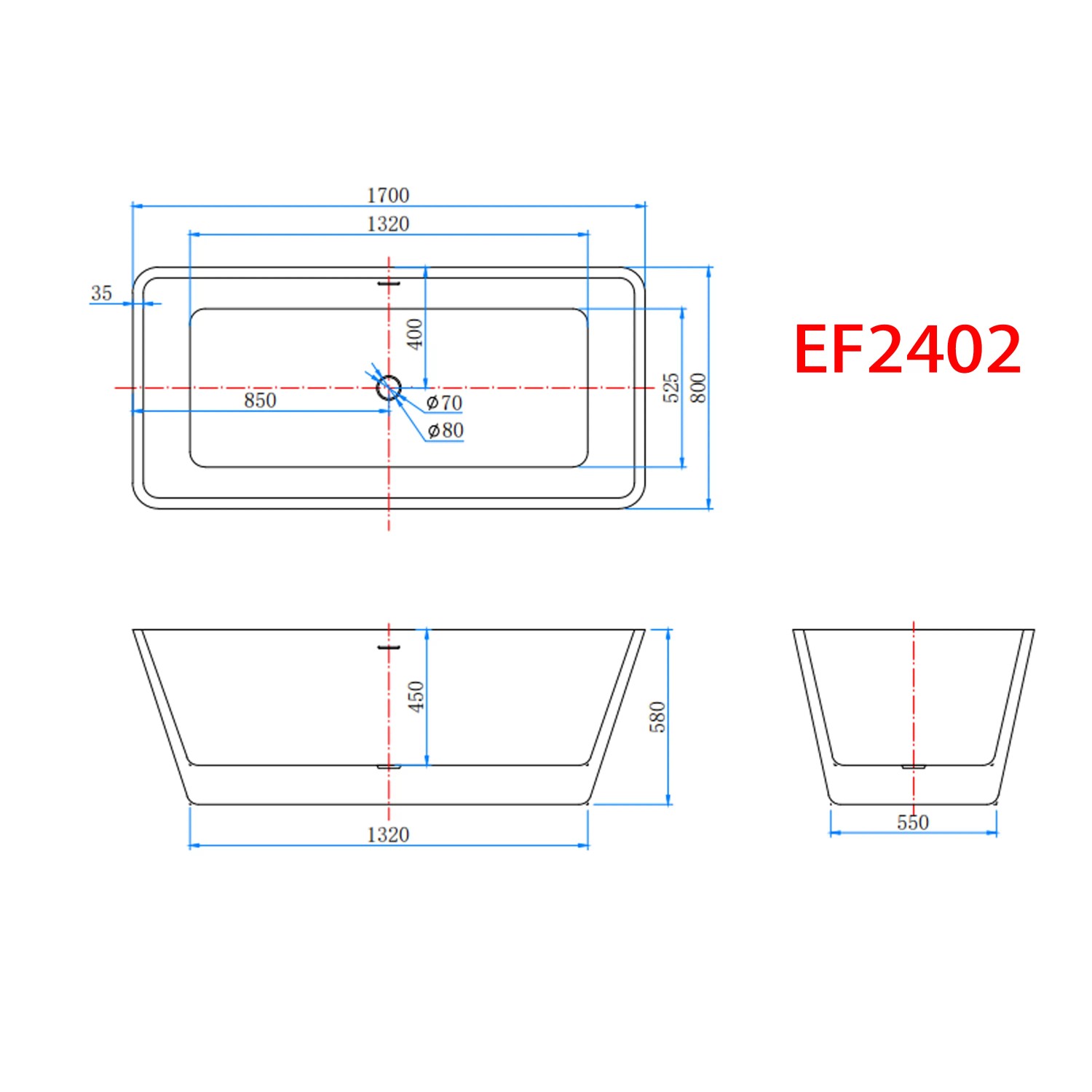 Technische Zeichnung der AICA Badewanne, Modell EF2402, mit Maßangaben.