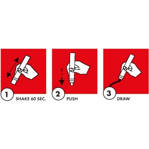 Anleitung: Marabu Deco Painter Acrylmalstift aktivieren, schütteln, Spitze eindrücken, malen.