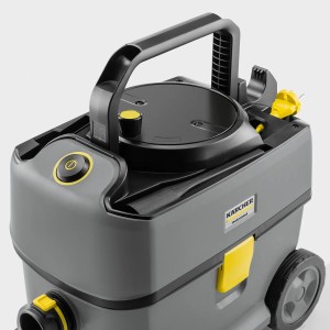 Kärcher T 10/1 ADV Staubsauger, Grau, mit Tragegriff, Kabel und Zubehörablage.