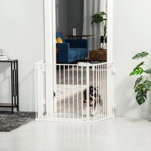 PawHut Absperrgitter mit Tür, weiß, 202,5x76cm, als Hundeklappe im Wohnraum.