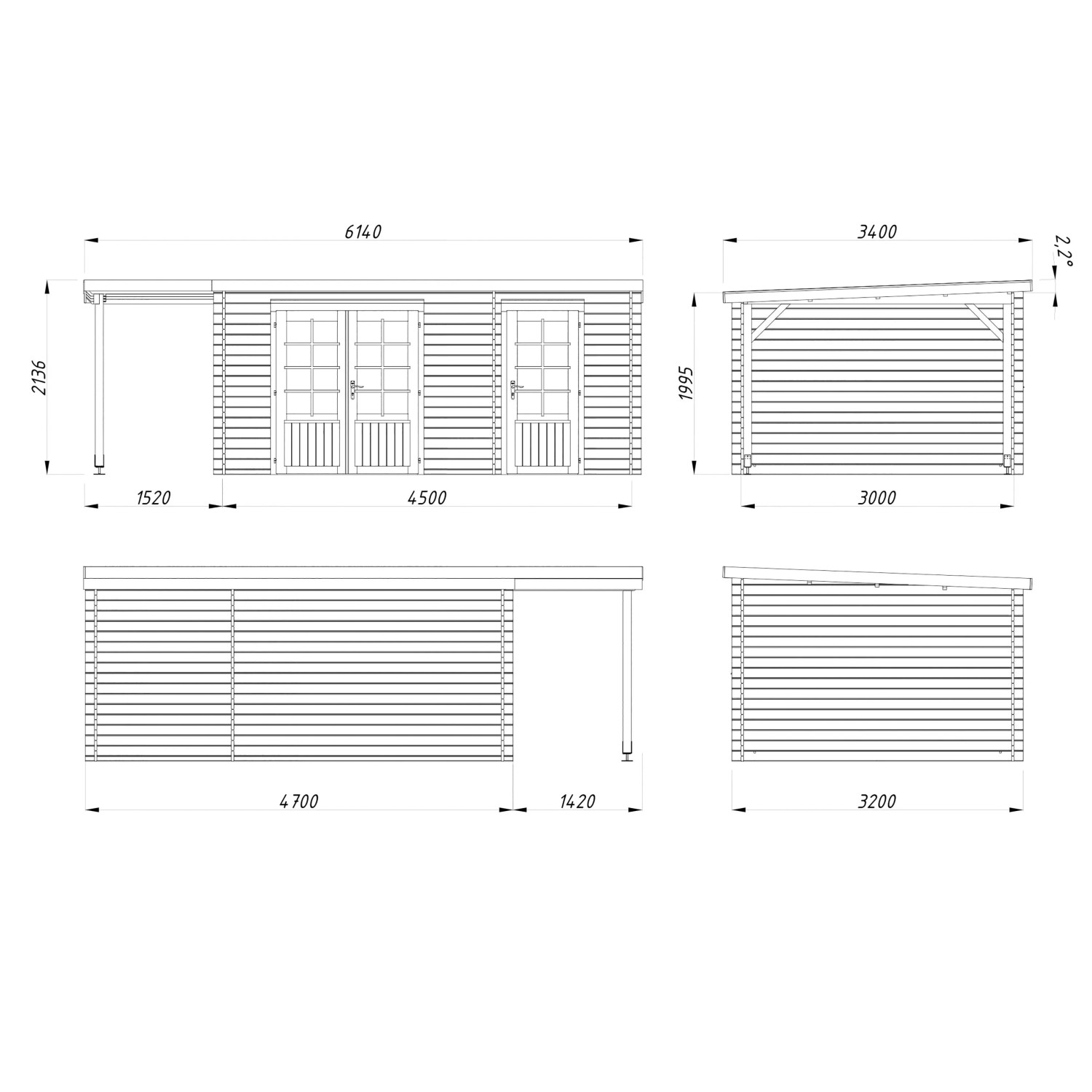 Maßzeichnung Palmako Ella Holz-Gartenhaus 610x300 cm. Pultdach, Anbaudach, Ansichten & Grundriss.