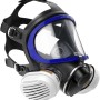 Schwarze Dräger X-plore 5500 Vollmaske mit blauem Visorrahmen und zwei weißen ABEK1 P3 Filtern für Atemschutz.