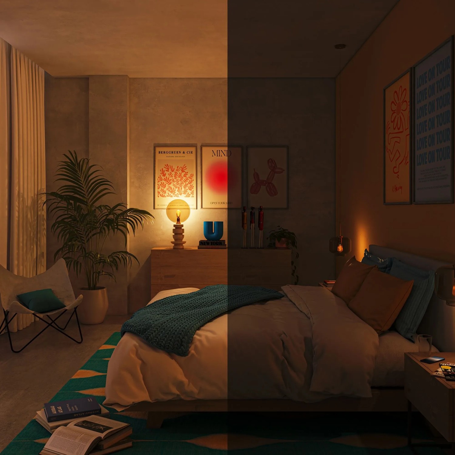 Philips Smart-LED-Leuchtmittel E27 in Lampe, warmes Licht im Schlafzimmer, links hell, rechts dunkel für Stimmungswechsel.