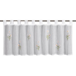 Grüne Bistrogardine mit Gänseblümchen-Stickerei und Schlaufenaufhängung, 140x48 cm.