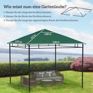 Outsunny Pavillondach, grün, 298x295cm, mit Maßangaben zum Ausmessen des Pavillons.