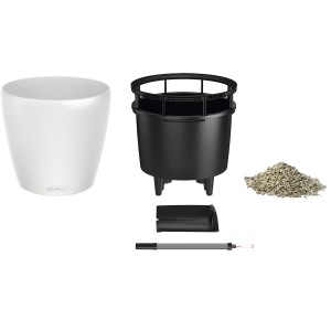 Lechuza Classico Color LS 43, weißes Pflanzgefäß mit Zubehör und Bewässerungssystem.