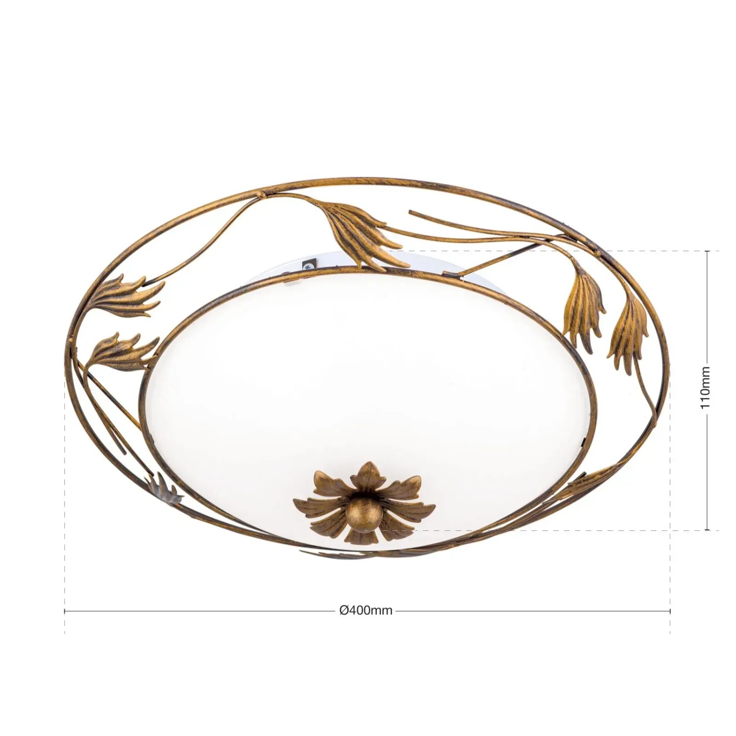 Antike Deckenleuchte Fleur Ø 40cm mit floralem Metallrahmen und opalem Glasschirm.