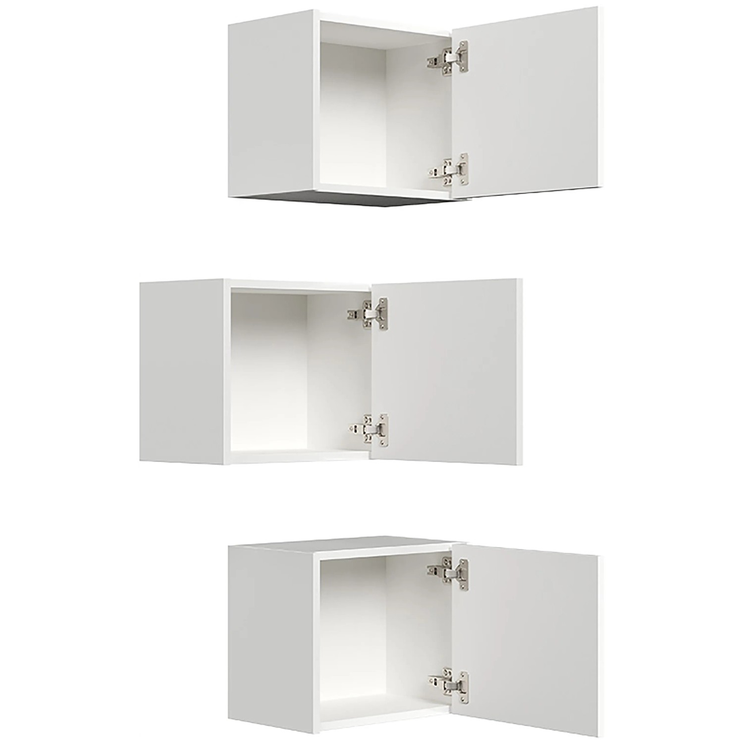 Posseik Badschrank-Set Limes, 3 weiße Hängeschränke mit geöffneten Türen.