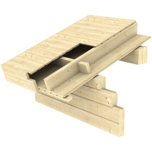 Detailaufnahme Skan Holz Gartenhaus Calgary, unbehandeltes Holz, Blockbohlenbauweise.