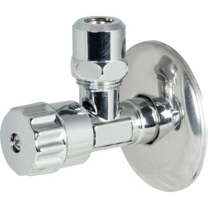 Verchromtes Waschgeräte-Eckventil mit Schubrosette, Anschluss 16,7 mm (R 3/8) x 10 mm.