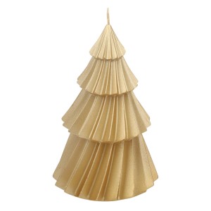 Goldene Tannenbaumkerze mit gefalteter Oberfläche. Elegante Stumpenkerze für festliche Weihnachtsdekoration.