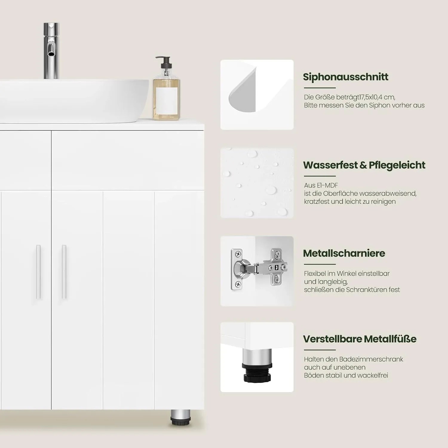 Weißer EUGAD Waschbeckenunterschrank im Landhausstil mit Metallscharnieren und verstellbaren Füßen unter einem Waschbecken.
