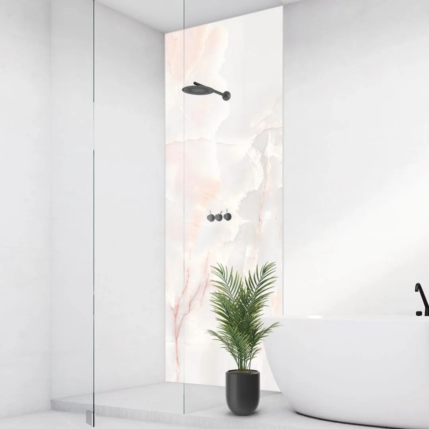 Walllux Duschrückwand Marmor Rose im Bad. Hohe Alu-Verbundplatte mit rosa Marmor-Optik für moderne Dusche.