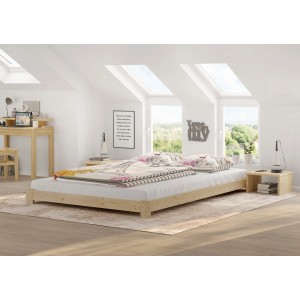 Bodennahes Ehebett aus Fichte/Tanne (140x200) mit Rollrost, unbehandelt. Ideal für Allergiker und DIY-Fans.