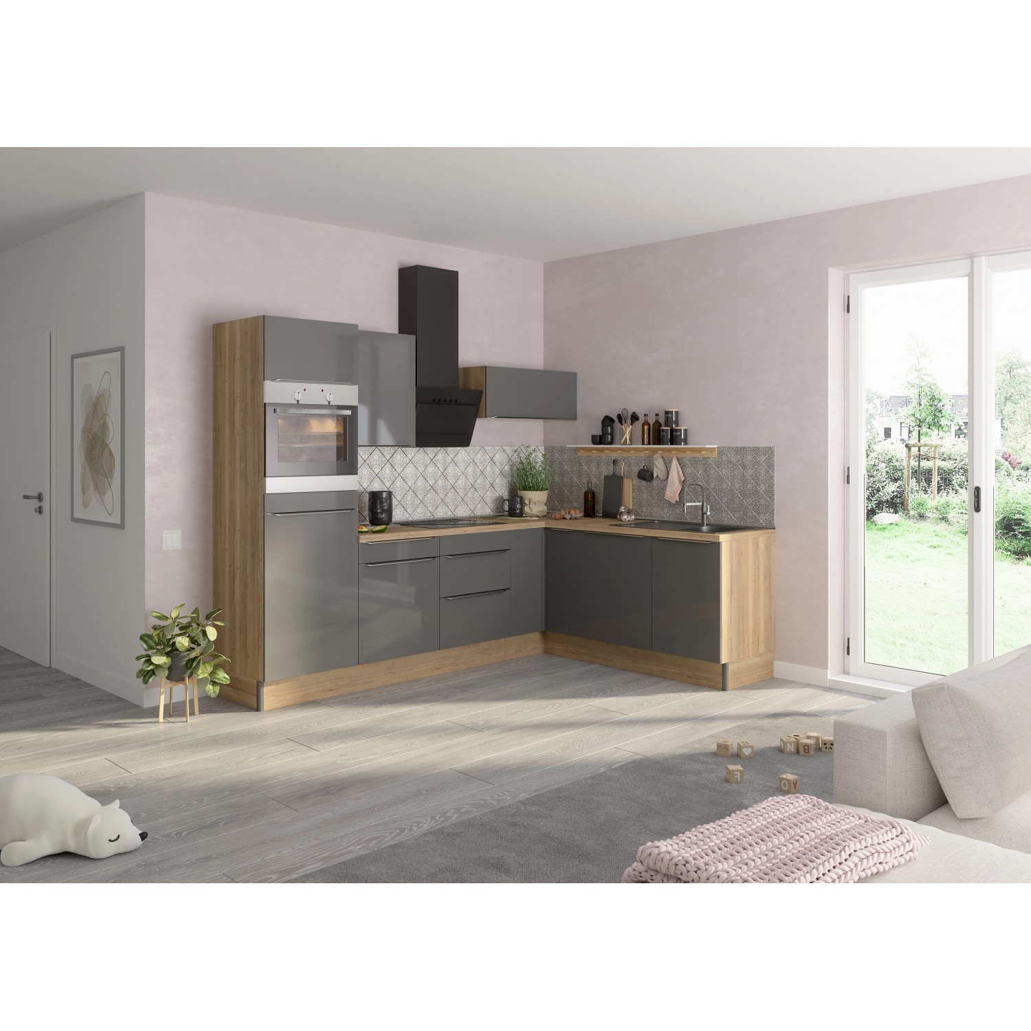 Optifit Winkelküche/L-Küche Optikoncept Linus 270 cm Anthrazit-Wildeiche Nachb.