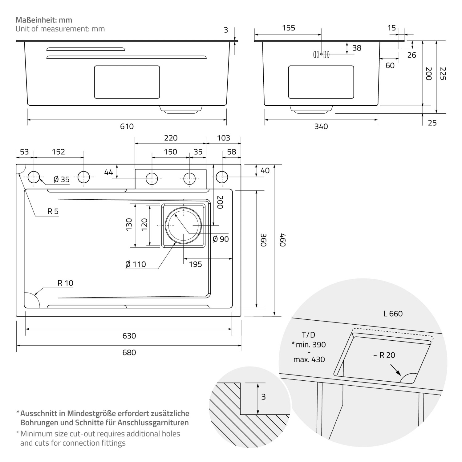 Technische Zeichnung: ML-Design Spülbecken, 68x46cm, Edelstahl, anthrazit, mit Maßangaben für Montage.